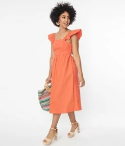 Compania Fantastica Orange Ruffle Sleeve Midi Dress