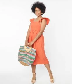 Compania Fantastica Orange Ruffle Sleeve Midi Dress