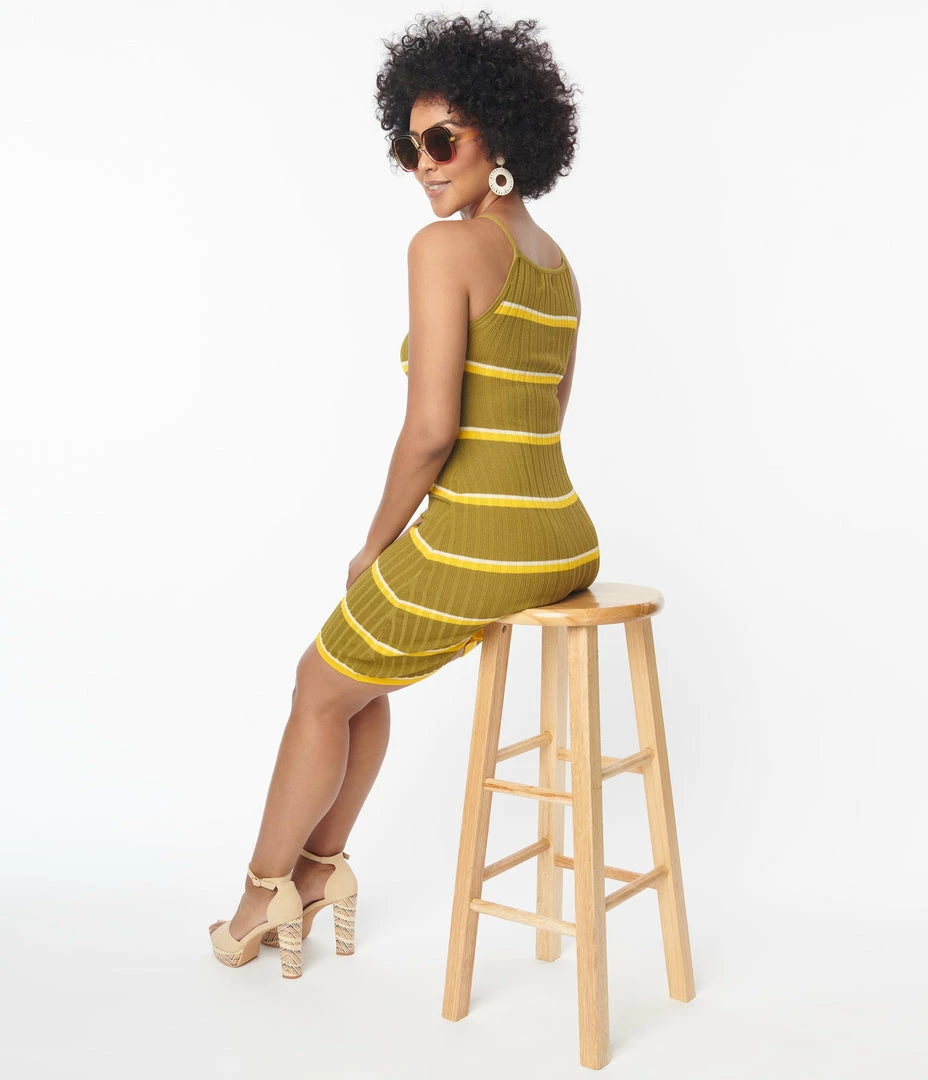 Compania Fantastica Olive Green & Yellow Stripe Knit Mini Dress Sale