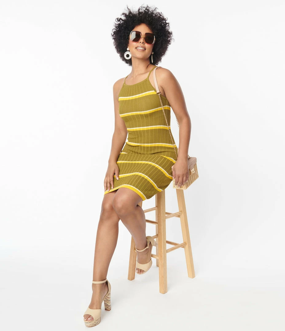 Compania Fantastica Olive Green & Yellow Stripe Knit Mini Dress Sale