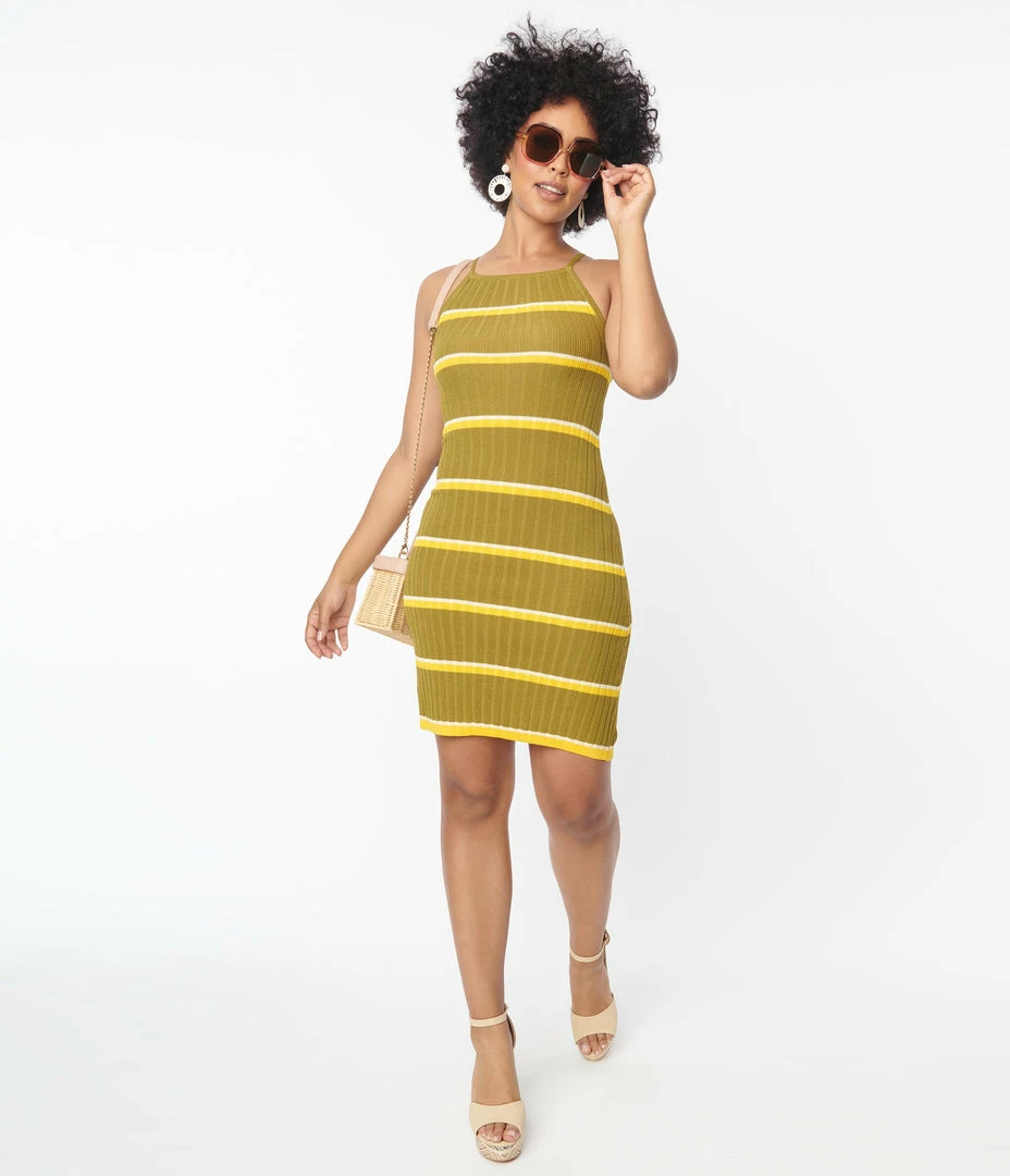 Compania Fantastica Olive Green & Yellow Stripe Knit Mini Dress Sale