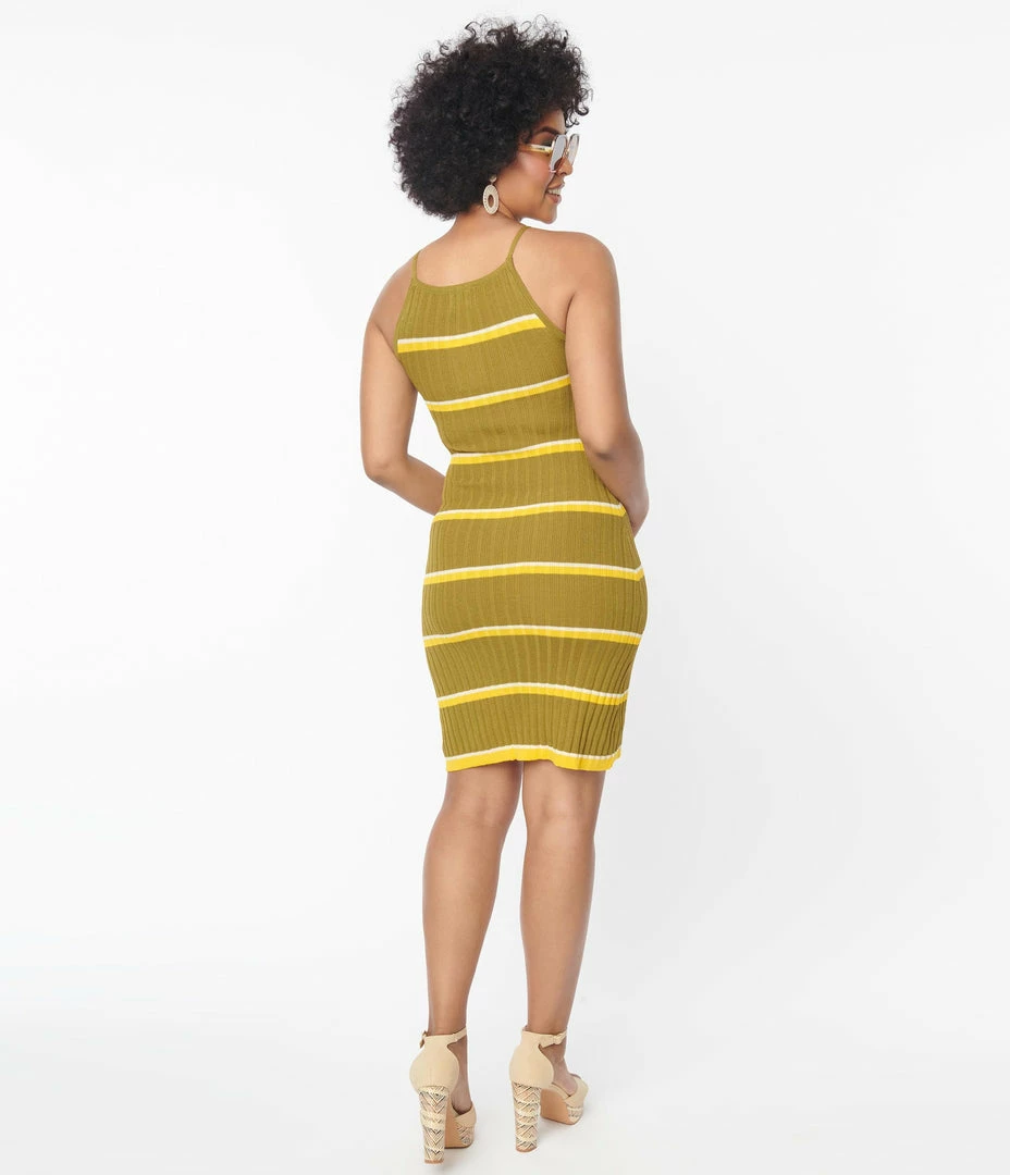 Compania Fantastica Olive Green & Yellow Stripe Knit Mini Dress Sale