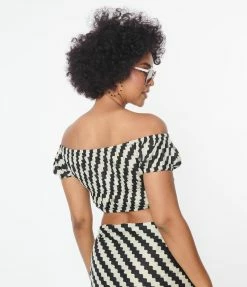 Compania Fantastica Sale Black & Cream Wavy Stripe Crop Top