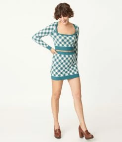Blue Blush Teal Gingham Crop Top & Mini Skirt Sweater Set Sale