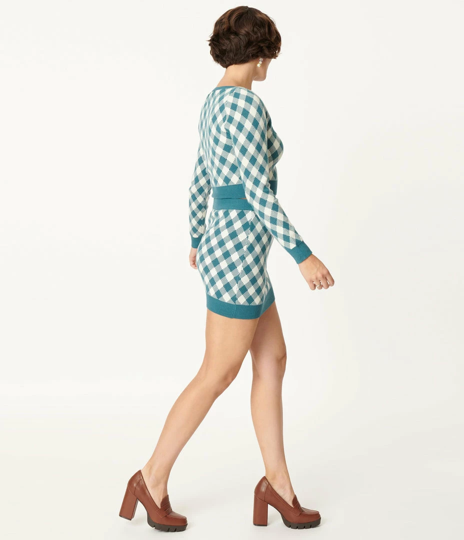 Blue Blush Teal Gingham Crop Top & Mini Skirt Sweater Set Sale