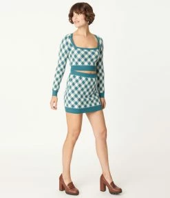 Blue Blush Teal Gingham Crop Top & Mini Skirt Sweater Set Sale