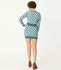 Blue Blush Teal Gingham Crop Top & Mini Skirt Sweater Set Sale