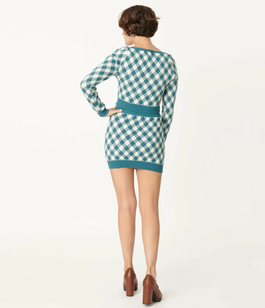 Blue Blush Teal Gingham Crop Top & Mini Skirt Sweater Set Sale