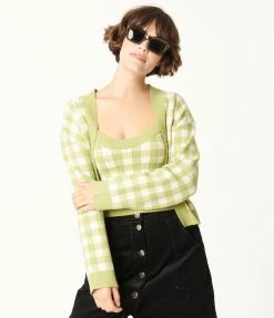 Blue Blush Sale Green Gingham Crop Top & Cardigan Sweater Set