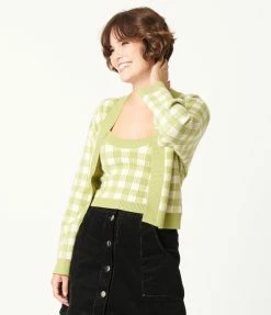 Blue Blush Sale Green Gingham Crop Top & Cardigan Sweater Set