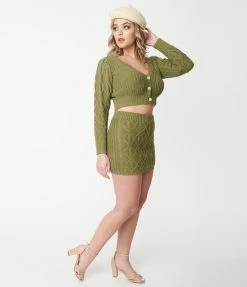 Blue Blush Olive Green Sweater Cardigan & Mini Skirt Set