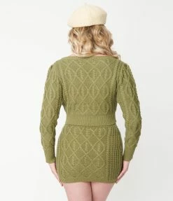Blue Blush Olive Green Sweater Cardigan & Mini Skirt Set
