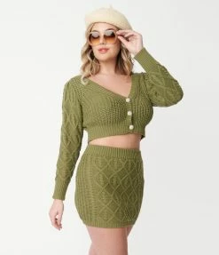 Blue Blush Olive Green Sweater Cardigan & Mini Skirt Set