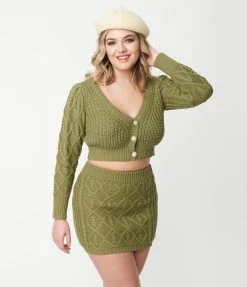 Blue Blush Olive Green Sweater Cardigan & Mini Skirt Set