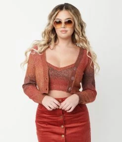 Blue Blush Sale Brick Red Ombre Sweater Crop Top & Cardigan Set