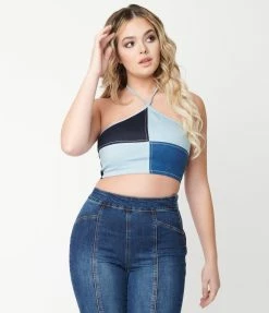 Blue Blush Denim Blue Patchwork Halter Crop Top Sale