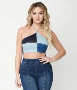 Blue Blush Denim Blue Patchwork Halter Crop Top Sale