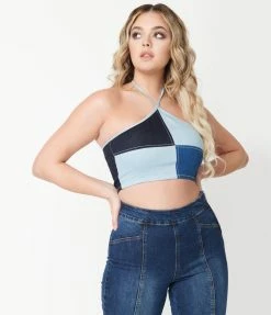Blue Blush Denim Blue Patchwork Halter Crop Top Sale