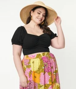 Clothing Unique Vintage Plus Size Black Whimsy Crop Top
