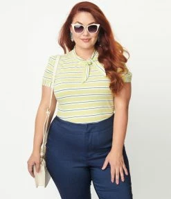 Lifestyle Group (UK) Ltd Sale Plus Size Lime Green & White Stripe Bow Knit Top