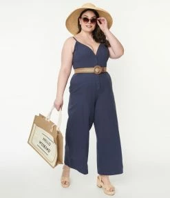 Lifestyle Group (UK) Ltd Plus Size Navy Blue V-Neck Jumpsuit