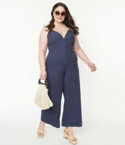 Lifestyle Group (UK) Ltd Plus Size Navy Blue V-Neck Jumpsuit