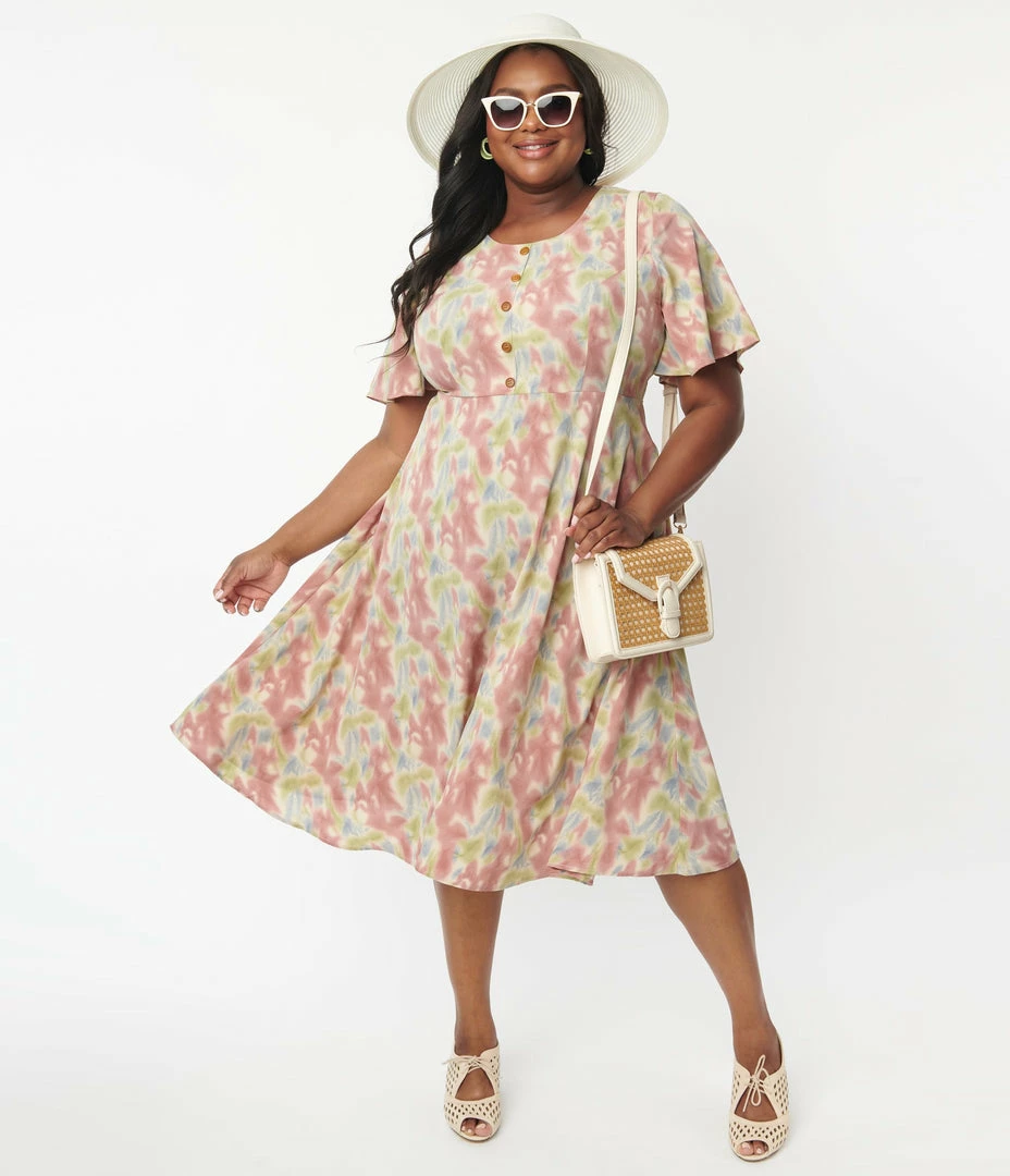 Lifestyle Group (UK) Ltd Plus Size Pink & Blue Watercolor Pattern Festival Midi Dress Sale