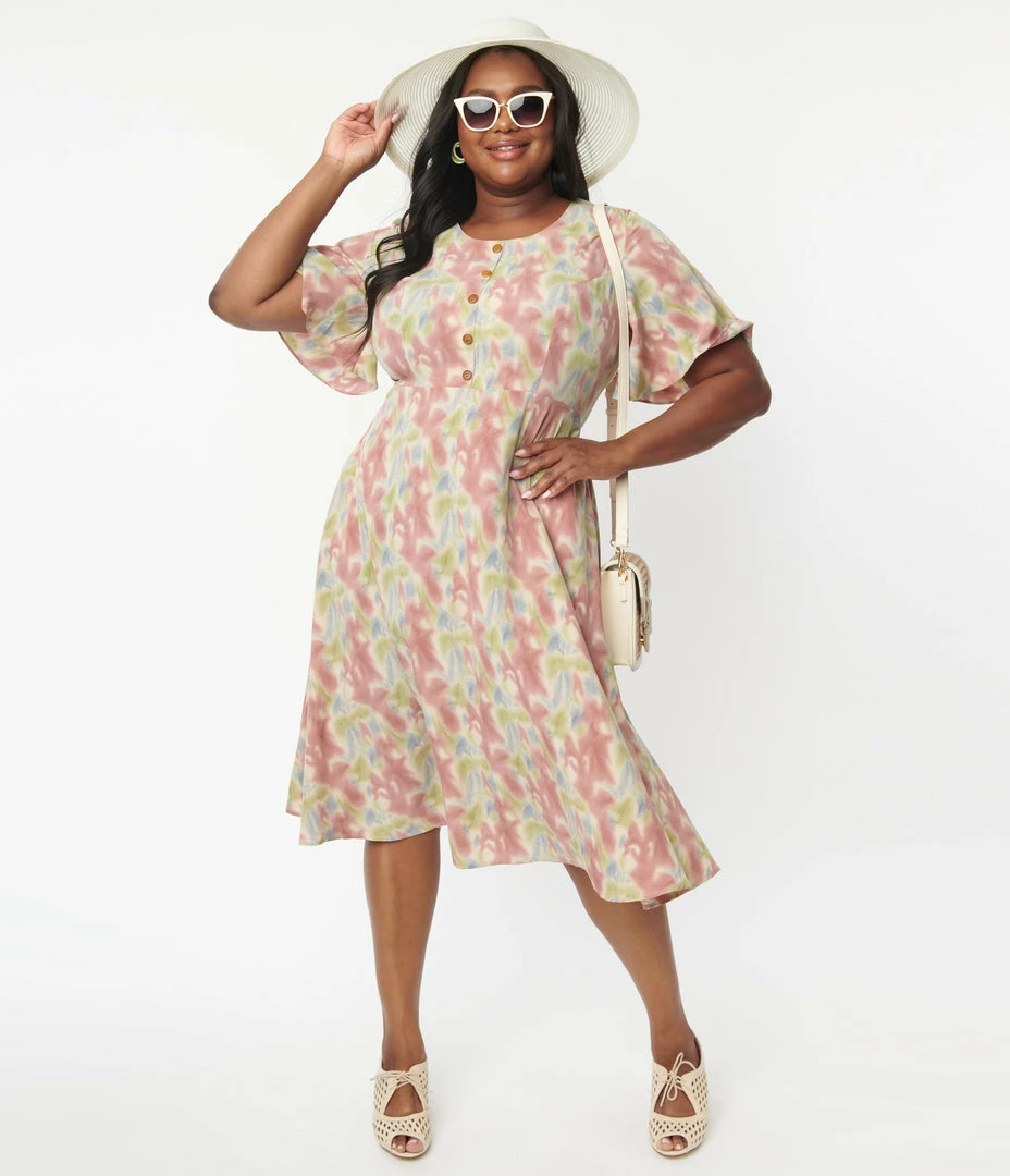 Lifestyle Group (UK) Ltd Plus Size Pink & Blue Watercolor Pattern Festival Midi Dress Sale