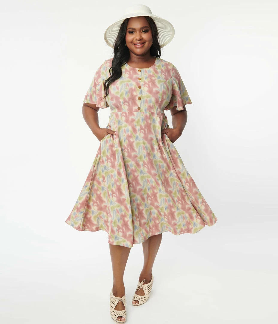 Lifestyle Group (UK) Ltd Plus Size Pink & Blue Watercolor Pattern Festival Midi Dress Sale