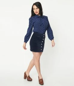 Saints & Hearts Navy Corduroy Button Up Mini Skirt