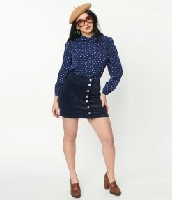 Saints & Hearts Navy Corduroy Button Up Mini Skirt