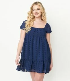BaeVely Navy Clip Dot Babydoll Dress