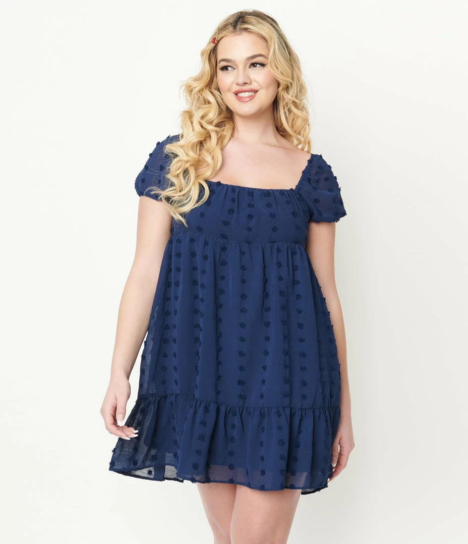 BaeVely Navy Clip Dot Babydoll Dress