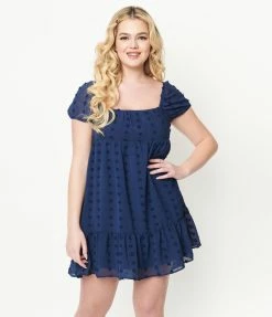 BaeVely Navy Clip Dot Babydoll Dress