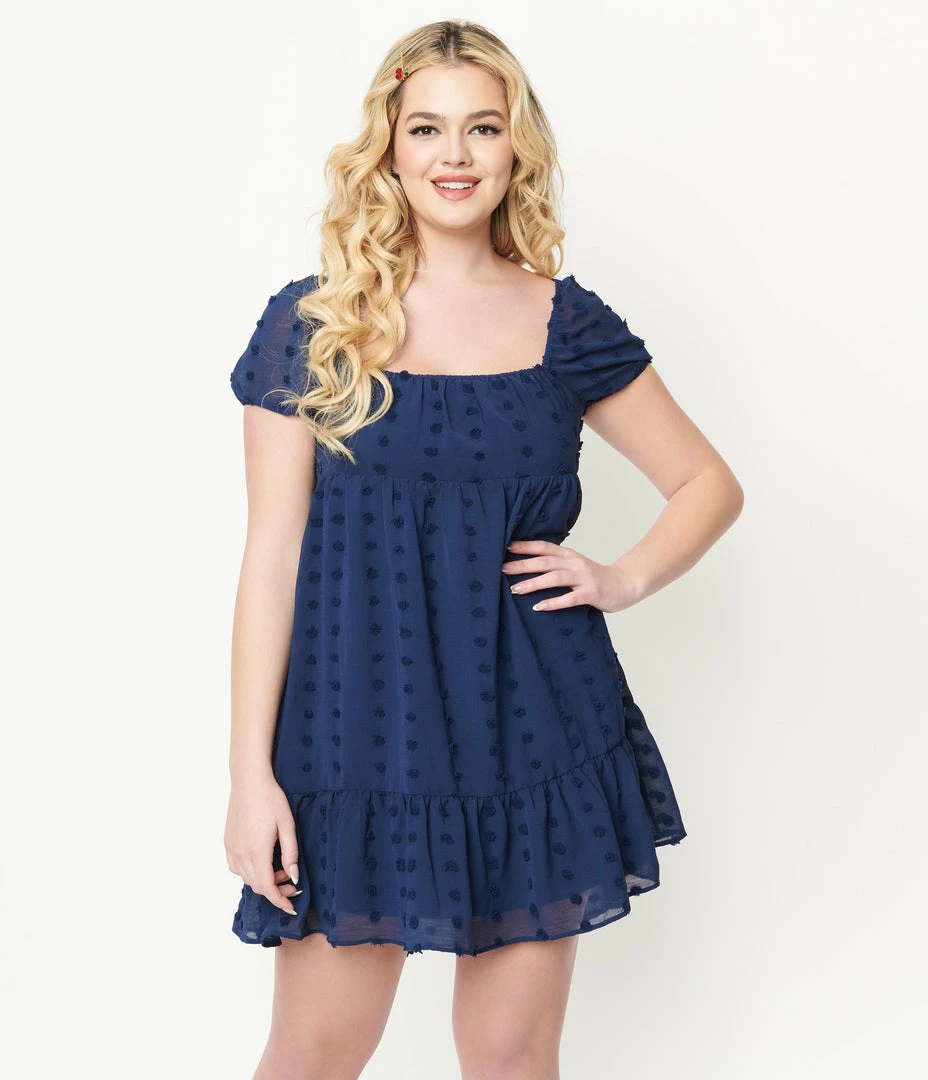 BaeVely Navy Clip Dot Babydoll Dress