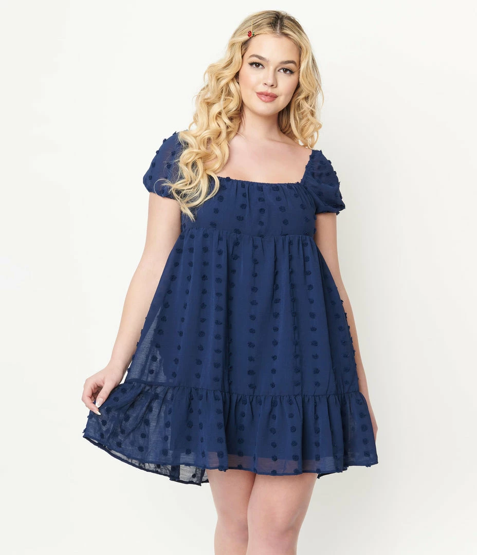 BaeVely Navy Clip Dot Babydoll Dress