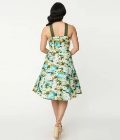 Lifestyle Group (UK) Ltd Sale 1950s Green Tropical Palms Swing Dress