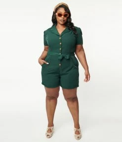 Lifestyle Group (UK) Ltd Plus Size Dark Green Button Romper Clothing