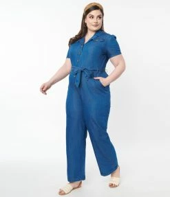 Lifestyle Group (UK) Ltd Plus Size Blue Denim Wide Leg Jumpsuit
