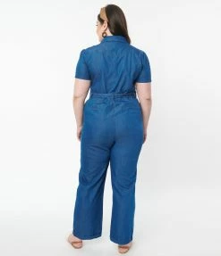 Lifestyle Group (UK) Ltd Plus Size Blue Denim Wide Leg Jumpsuit