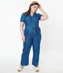 Lifestyle Group (UK) Ltd Plus Size Blue Denim Wide Leg Jumpsuit