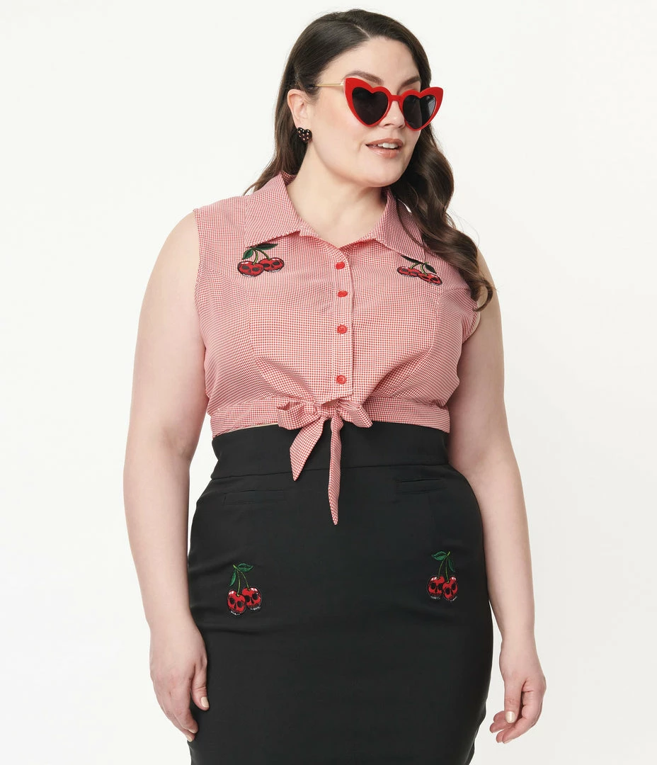 Lifestyle Group (UK) Ltd Plus Size Red Gingham & Cherry Skull Crop Top