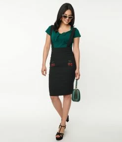 Lifestyle Group (UK) Ltd 1950s Black Cherry Skull Suspender Wiggle Skirt