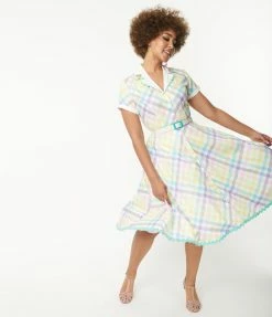 Fan Flair Polly Pocket X Unique Vintage 1950s Pastel Rainbow Gingham Alexis Swing Dress