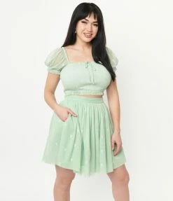 Sale Unique Vintage Mint Hearts Sweetie Pie Flare Skirt