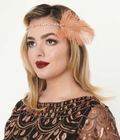 Jolie Flapper Accessories Copper Orange Feather & Rhinestone Gigi Headband