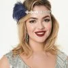 Jolie Navy Feather & Silver Crystal Beaded Deco Headband