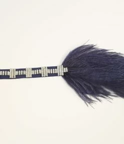 Jolie Navy Feather & Silver Crystal Beaded Deco Headband