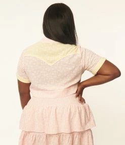 Unique Vintage Plus Size 1950s Pink Gingham Floral Wrap Star Crop Top Sale