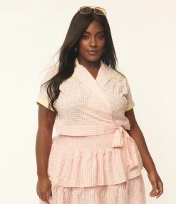 Unique Vintage Plus Size 1950s Pink Gingham Floral Wrap Star Crop Top Sale